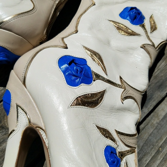 SOLD Miu Miu Runway 2012 Blue Gold Rose Heel Boots - Picture 6 of 8